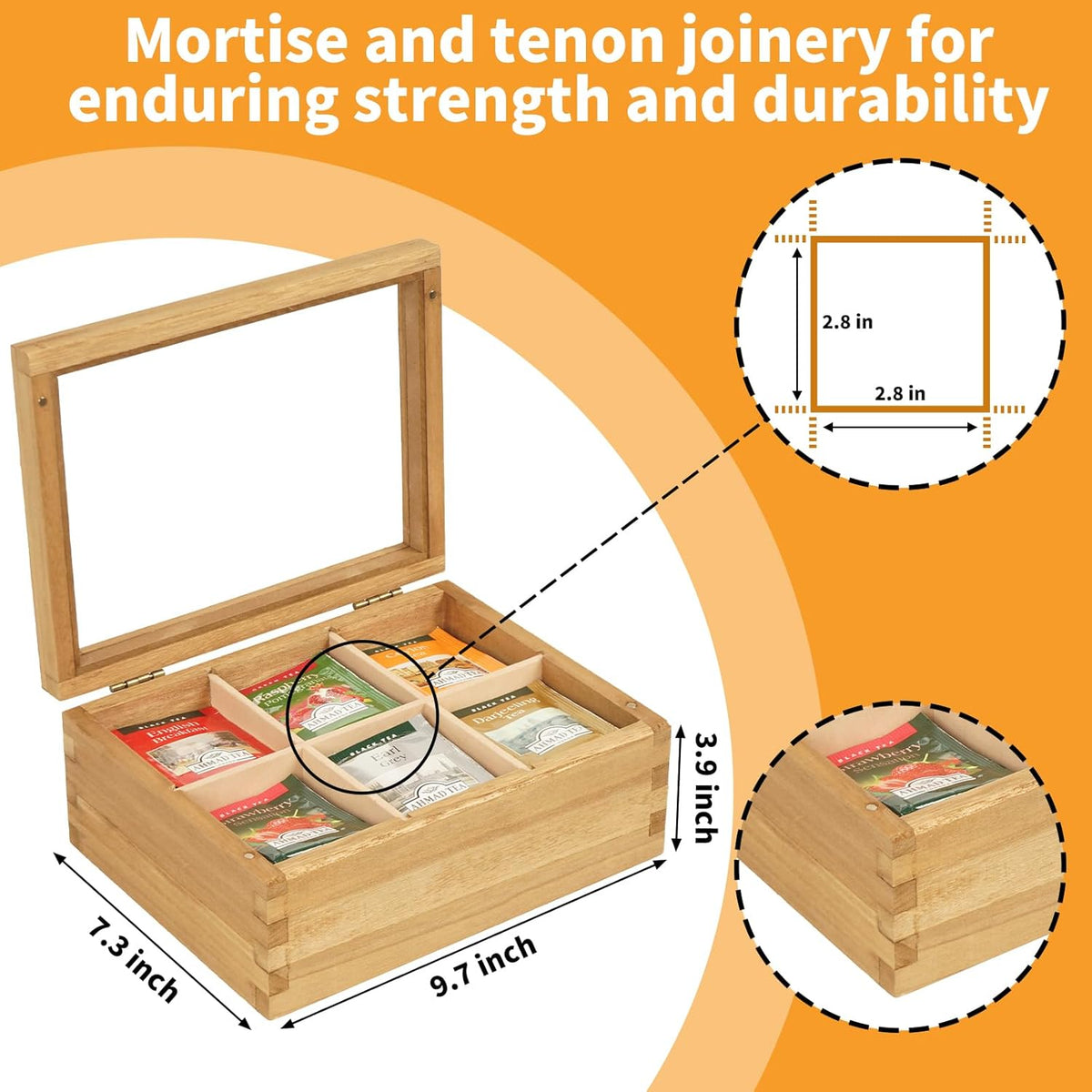 Wood Tea Bag Organizer, 6 Compartment Multi-Functional Tea Box and Storage Organizer for Tea Bags, Tea Container for Tea Lovers