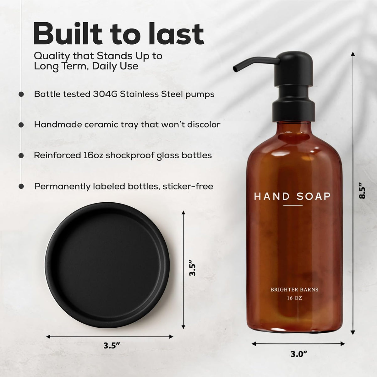 Amber Glass Hand Soap Dispenser Bathroom Set by Brighter Barns - Refillable Liquid Hand Soap Dispenser Tray and Pump Set for Kitchen - Modern Bathroom Decor & Accessories for Airbnb, RV, Hotel (Amber)