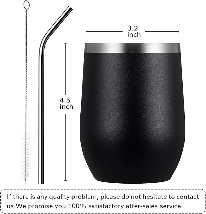 MEWAY Stemless 12oz Wine Tumbler Glasses with Lid -Insulated Double Wall Vacuum Stainless Steel Travel Tumbler with Straw,for Woman Under 10 dollars(Black,1)