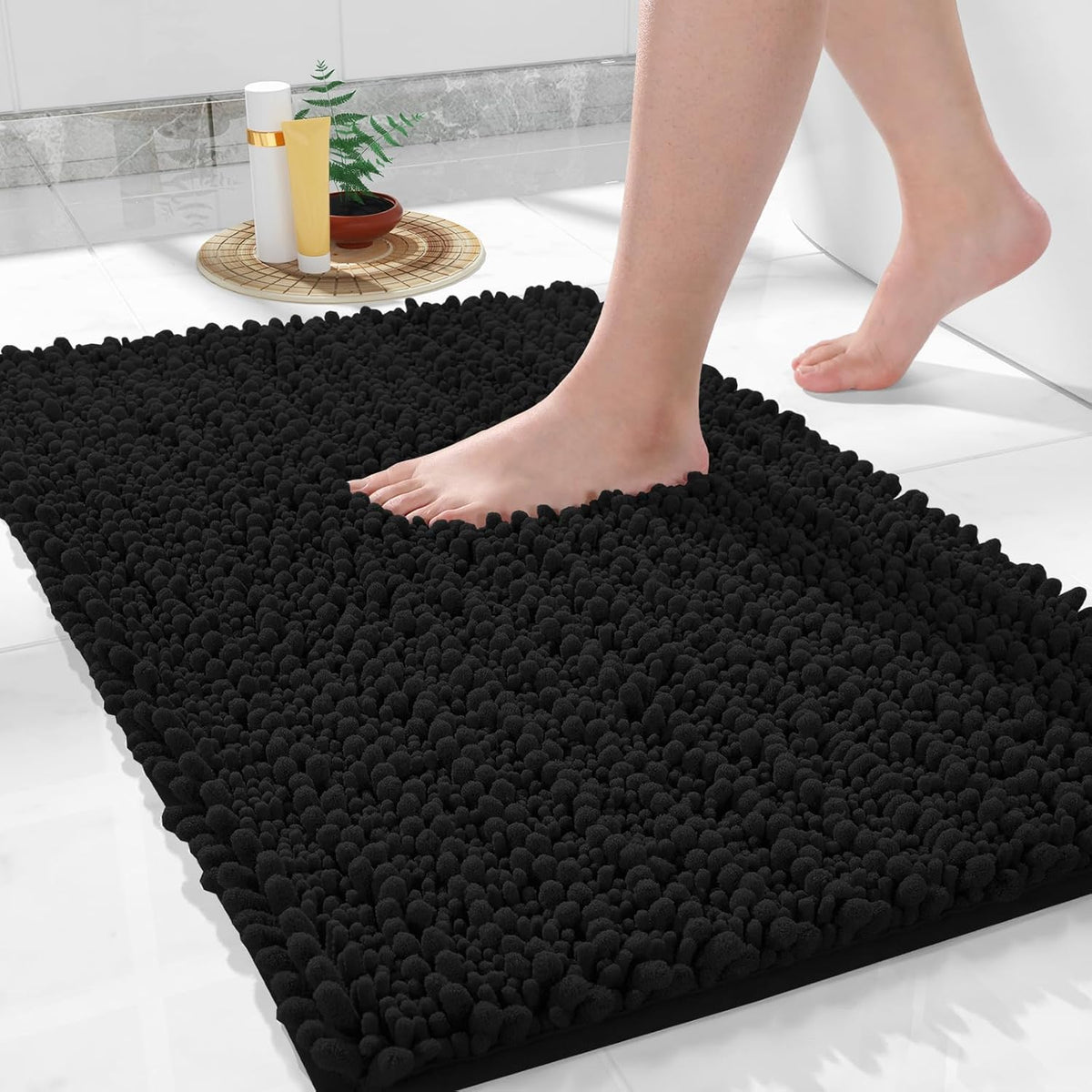 Yimobra Large Bathroom Rugs Non Slip Washable 36x24 Inch - Ultra Soft Absorbent Chenille Bath Mat, Quick Dry Shaggy Floor Carpet for Tub Shower, Black Home Decor Accessories