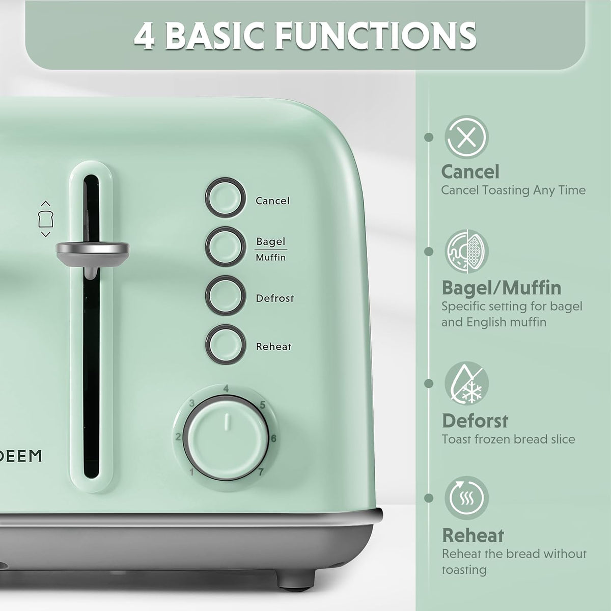 BUYDEEM DT640 Retro 4 Slice Toaster, 7 Shade Settings, Extra Wide 1.5'' Slots, Stainless Steel Toaster with Bagel Muffin Defrost Reheat Function, Green