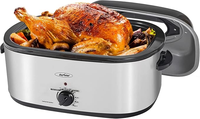 Sunvivi 26lb 22-Quart Roaster Oven, Electric Roaster Oven with Viewing Lid, Turkey Roaster with Unique Defrost/Warm Function, Large Roaster with Removable Pan & Rack, Stainless Steel, Silver