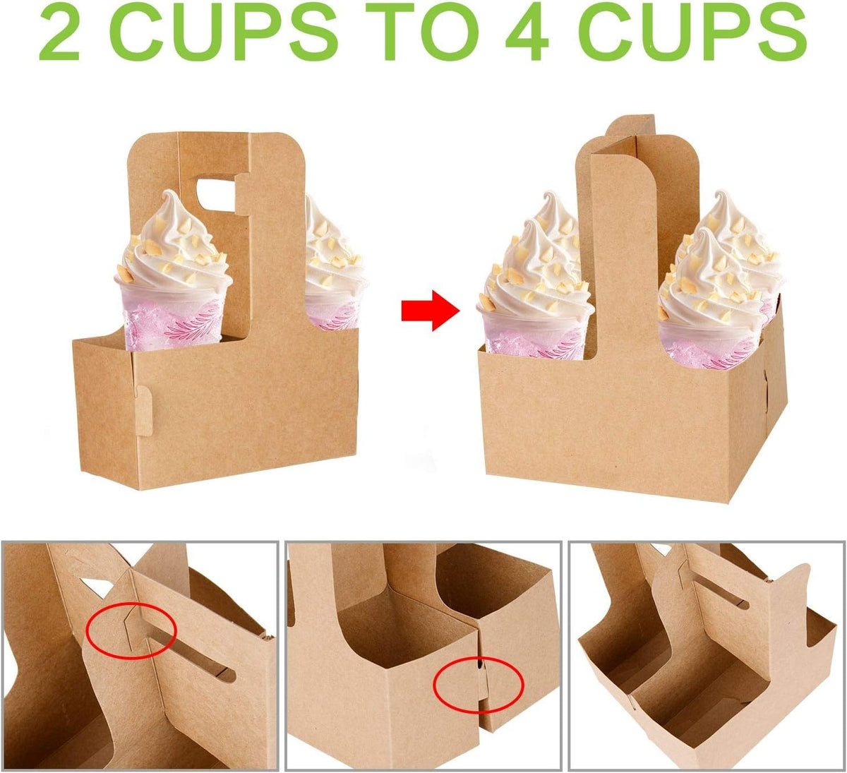 40 Pack Kraft Drink Carrier with Handles - 2 Cups or 4 Cups Assemblable Disposable Paperboard Drink Holders Great for All Your Drink and Food Delivery(2 Cup-40 Pack)