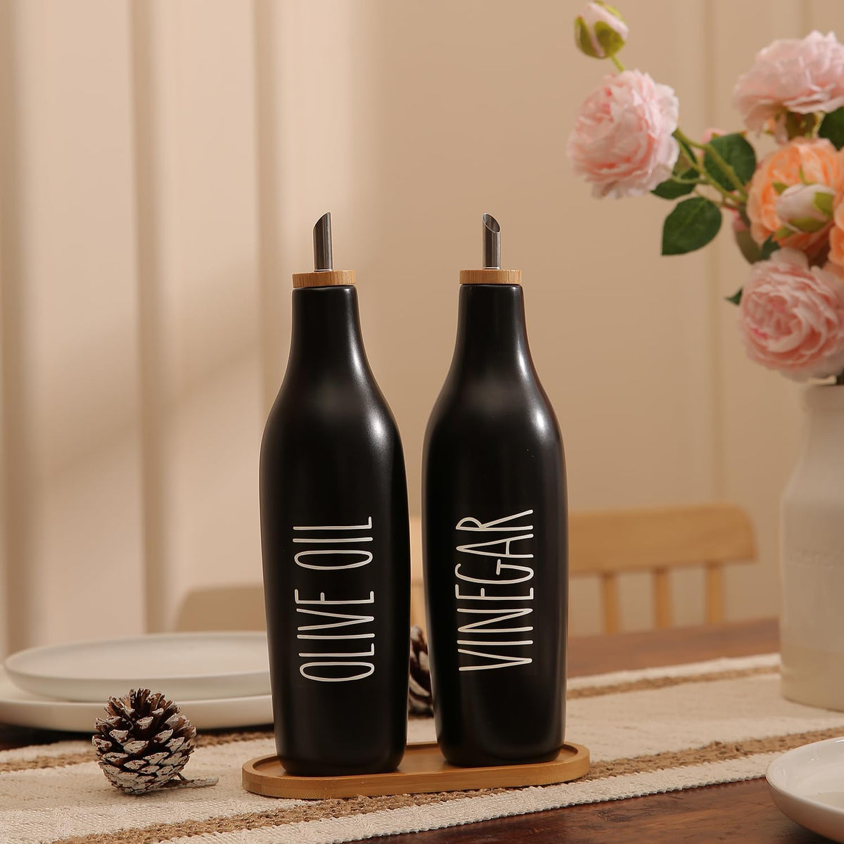 HOMCDALY Olive Oil and Vinegar Dispenser Set, Ceramic Oil and Vinegar Bottles with Bamboo Tray, 16.9oz Kitchen Cruet - Set of 2 - Black