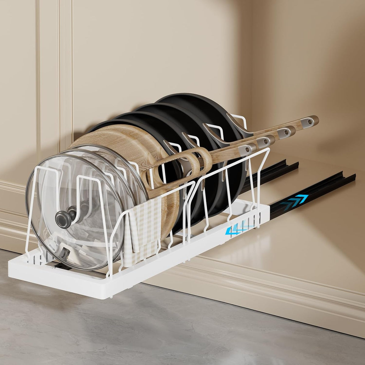 Pots and Pans Organizer Under Cabinet, 22" Deep Expandable Pull Out Pot Lid Organizer and Storage with 10 Adjustable Dividers No Drill Pot and Pan Holder Rack with Handle Bracket(1 Pack,White)