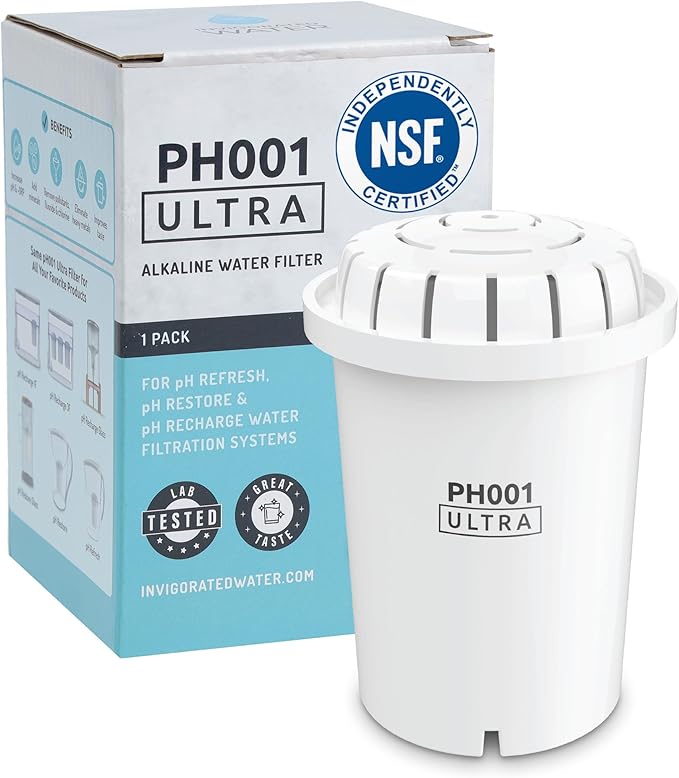 Invigorated Water PH001 Ultra Alkaline Water Filter – Replacement Water Filters for Pitchers – pH Water Filter Cartridge – For Alkaline Water Filter Pitcher, 96 Gallon Capacity (1-Pack White)
