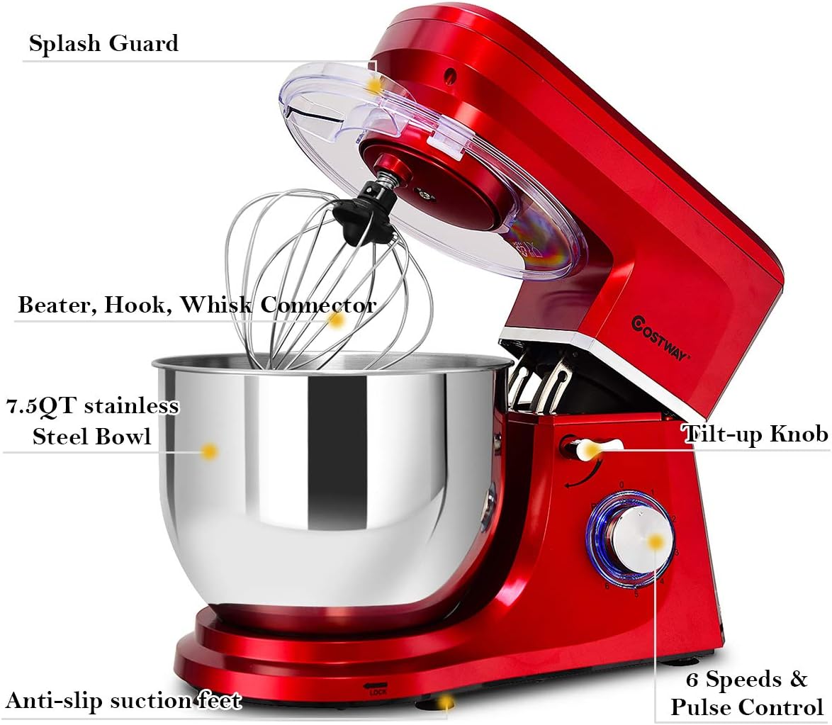 COSTWAY Stand Mixer, 7.5-Quart 660W 6-Speed Electric Mixer with Stainless Steel Bowl, Tilt-head Food Mixer with Dough Hook, Beater, Whisk (Red)
