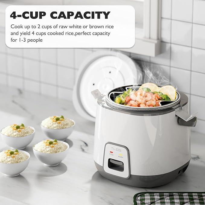 TLOG Mini Rice Cooker 2-Cup Uncooked(4-Cup cooked), Healthy Non-stick Coating 1.2L Small Rice Maker for 1-3 People, Portable Travel Fast Cooker with Steam Tray, Rice Maker for Grains, White Rice, Oatmeal, Veggies