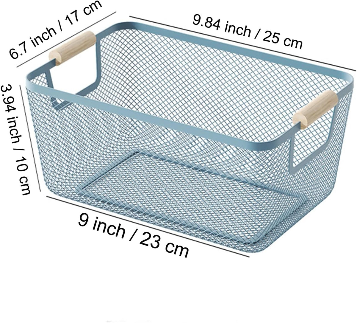 Metal Mesh Steel Basket, Small Wire Storage Organizer Baskets Multi-function Hanging Kitchen Basket with Wood Handle for Kitchen Bathroom Picnic Home, Rectangle-Blue