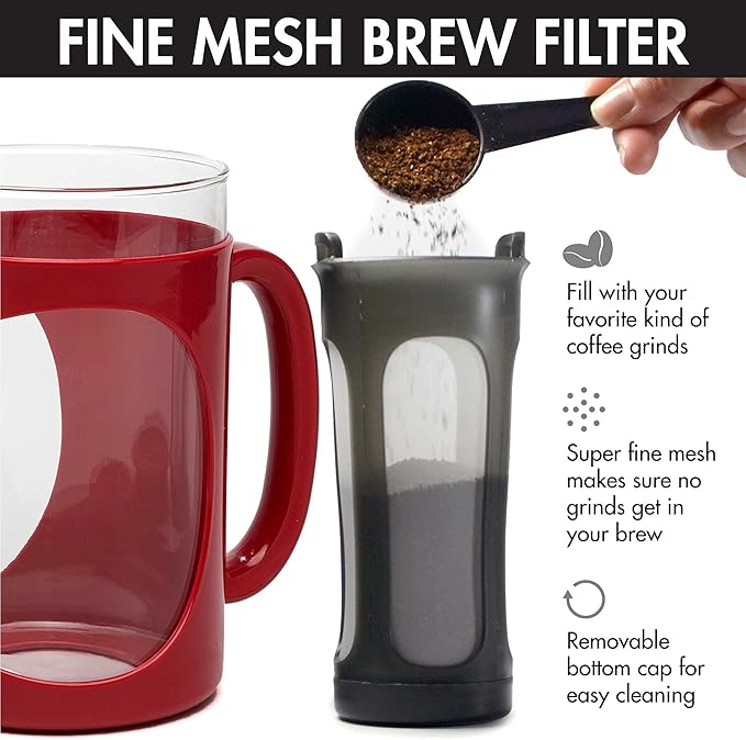 Primula Burke Deluxe Cold Brew Iced Coffee Maker, Comfort Grip Handle, Durable Glass Carafe, Removable Mesh Filter, Perfect 6 Cup Size, Dishwasher Safe, 1.6 qt, Red