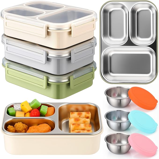 3 Pack Stainless Steel Lunch Boxes 25 oz 3 Compartment Metal Bento Box with 3 Pcs Condiment Containers and Leakproof Lids for Office Outdoor and Gym, Dishwasher Safe