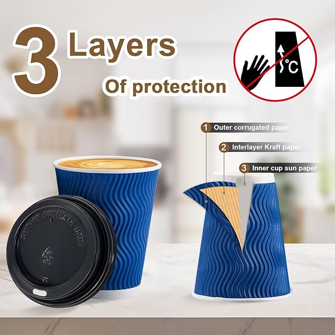 100 Pack Coffee Cups with Lids 12oz, Disposable Insulated Ripple Wall To Go Paper Coffee Cups for Hot/Cold Drinks Office Home Shop Event (Navy)