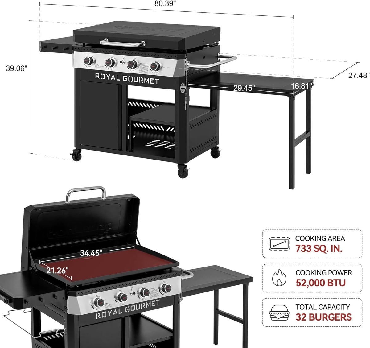 Royal Gourmet GB4008T 4 Burner Propane Gas Griddle with Pull-Out Expandable Table & Foldable Side Shelf, 34-Inch Flat Top Grill with Hood for Outdoor Cooking & Backyard Barbecue, Black