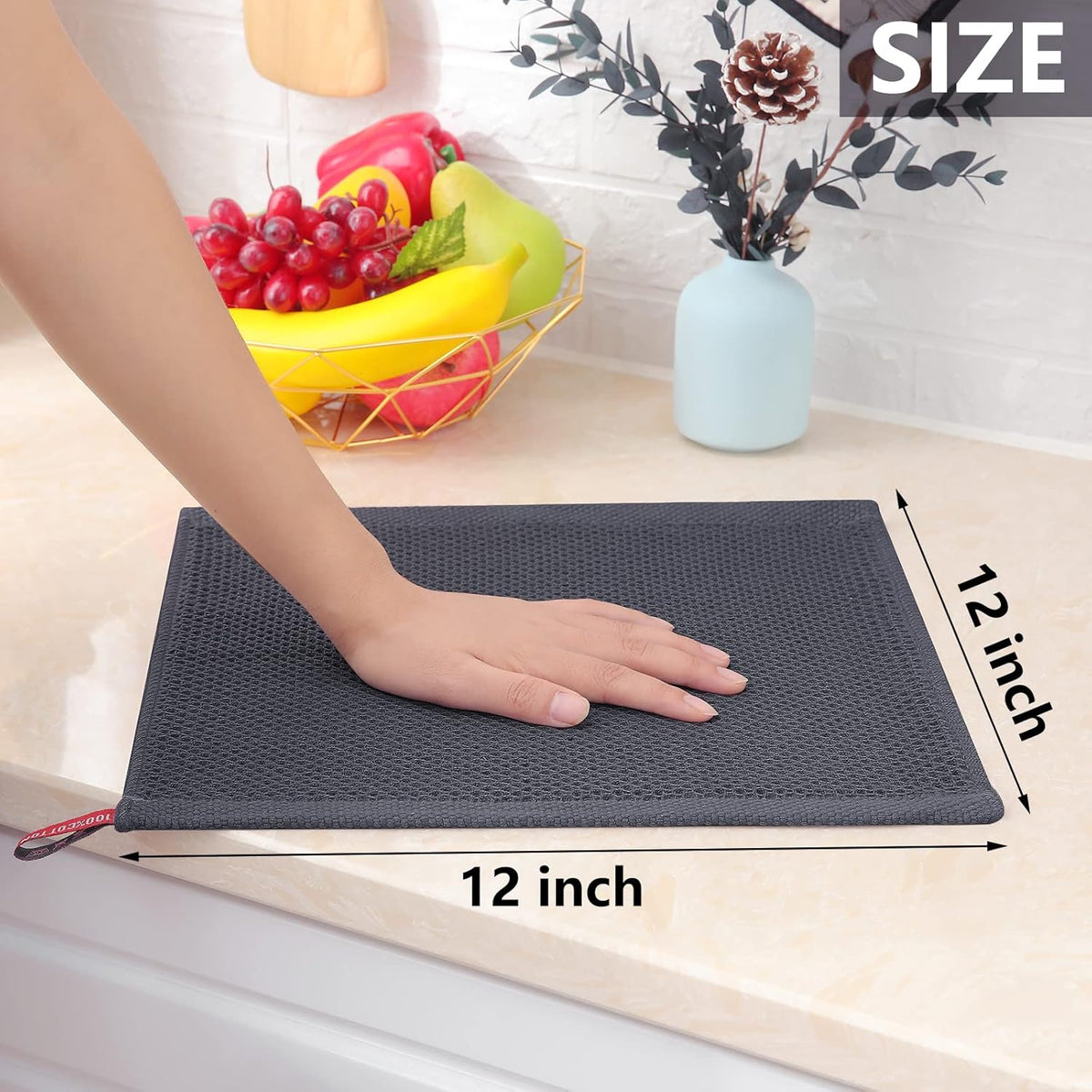 Homaxy 100% Cotton Waffle Weave Kitchen Dish Cloths, Ultra Soft Absorbent Quick Drying Dish Towels, 12 x 12 Inches, 8-Pack, Dark Grey