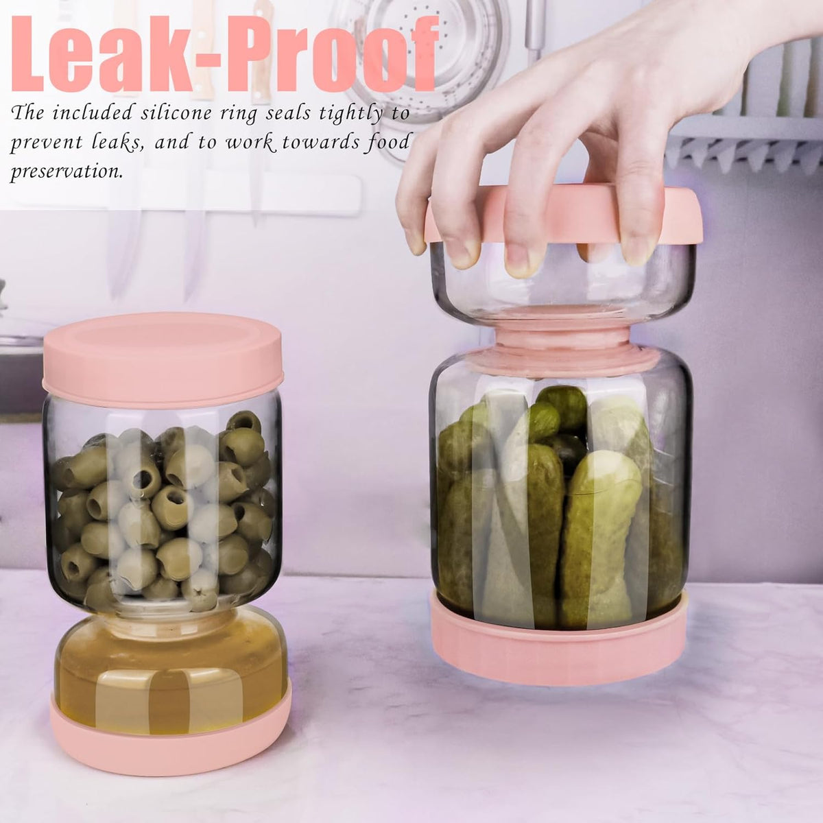 Pickle and Olive Hourglass Jar with Strainer Flip for Juice Separator from Wet and Dry, Upgrade Food-grade ABS Lid and BPA Free Hourglass Pickle Jar for Airtight Food Storage, Pink
