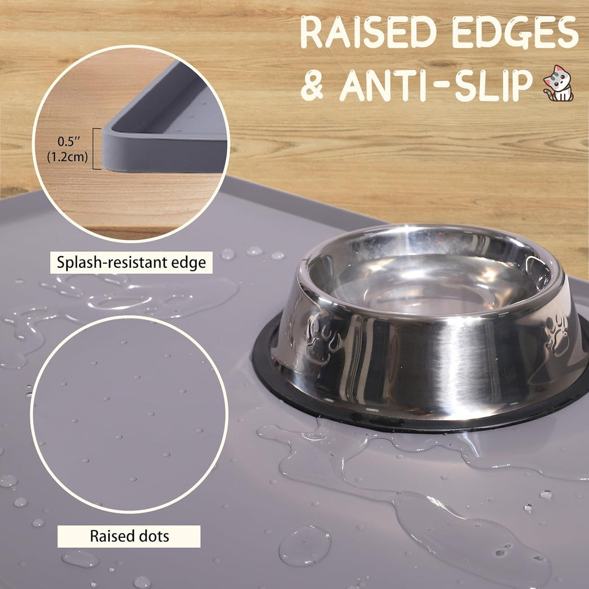 MateeyLife Silicone Cat & Dog Food Mat for Floors Waterproof, Anti-Slip Dog Bowl Mats for Food and Water, Pet Feeding Mats with Lip to Prevent Spills, Pet Placemat for Messy Drinkers to Protect Floors