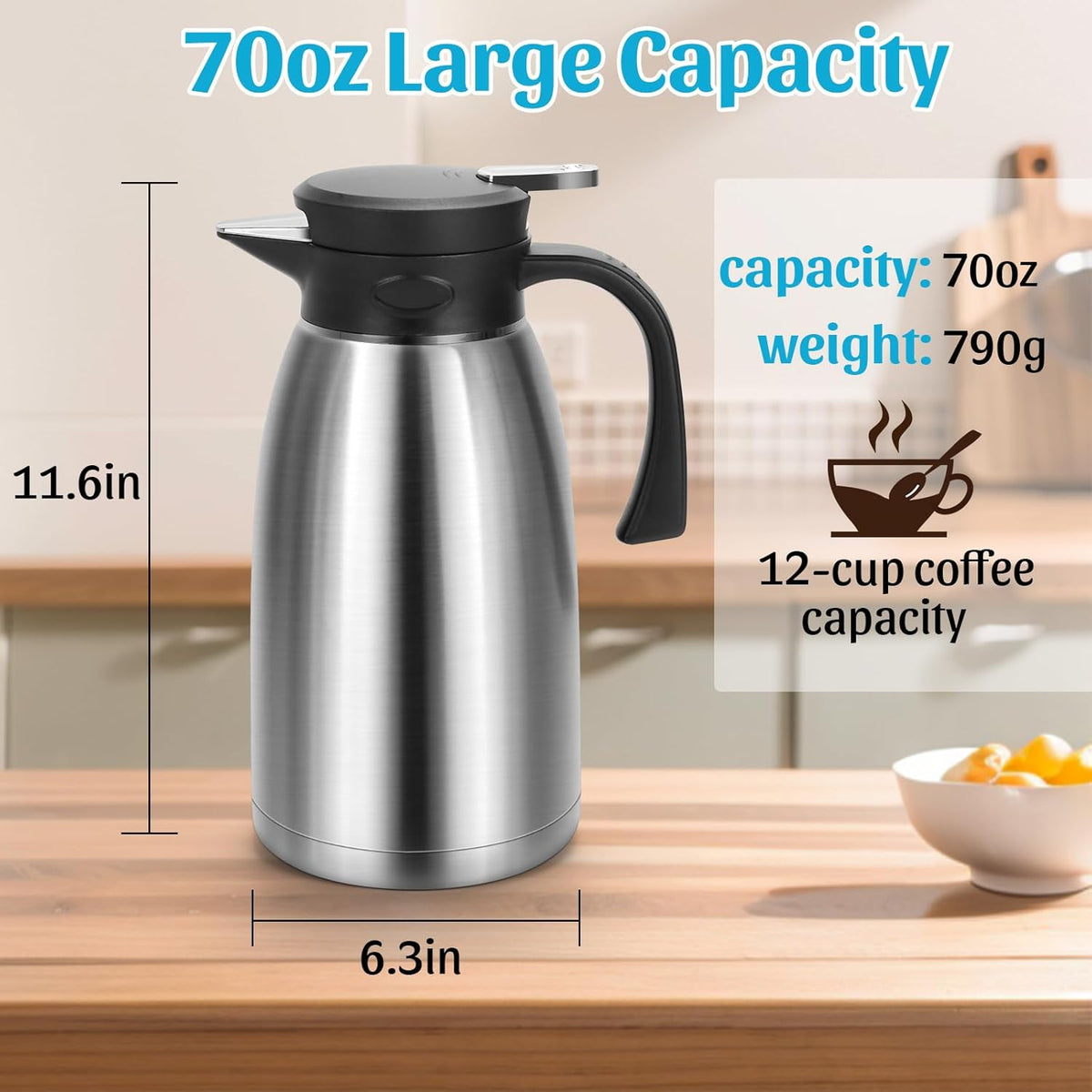 Yummy Sam 70oz Thermal Coffee Carafe, Double Wall Vacuum for Hot Drinks, Stainless Steel Carafe for Hot Liquids Large Tea for Home School Office for Valentine's Day (Classic Silver)