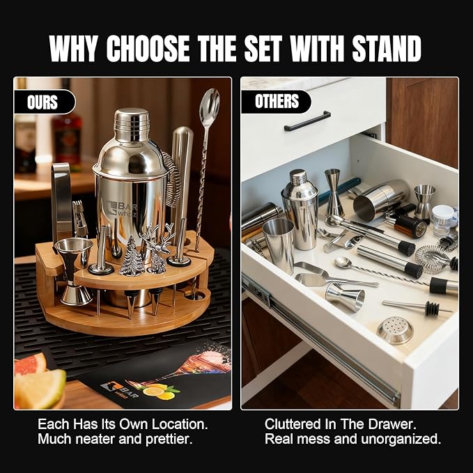 Silicone Pad Included Cocktail Shaker Set Bartender Kit,Mixology Bartender Kit 13-Piece with Bamboo Stand,Martini Shaker Kit with All Essential Accessory Tools for Drink Mixing Gift for him or her