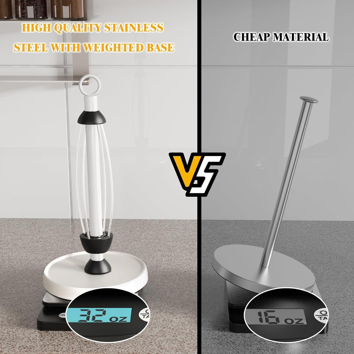 White Paper Towel Holder Countertop, White Kitchen Accessories Decor, One-Handed Tear, Stainless Steel, Weighted Base, Paper Towel Holder Stand with Ratchet System for Kitchen Farmhouse Essentials