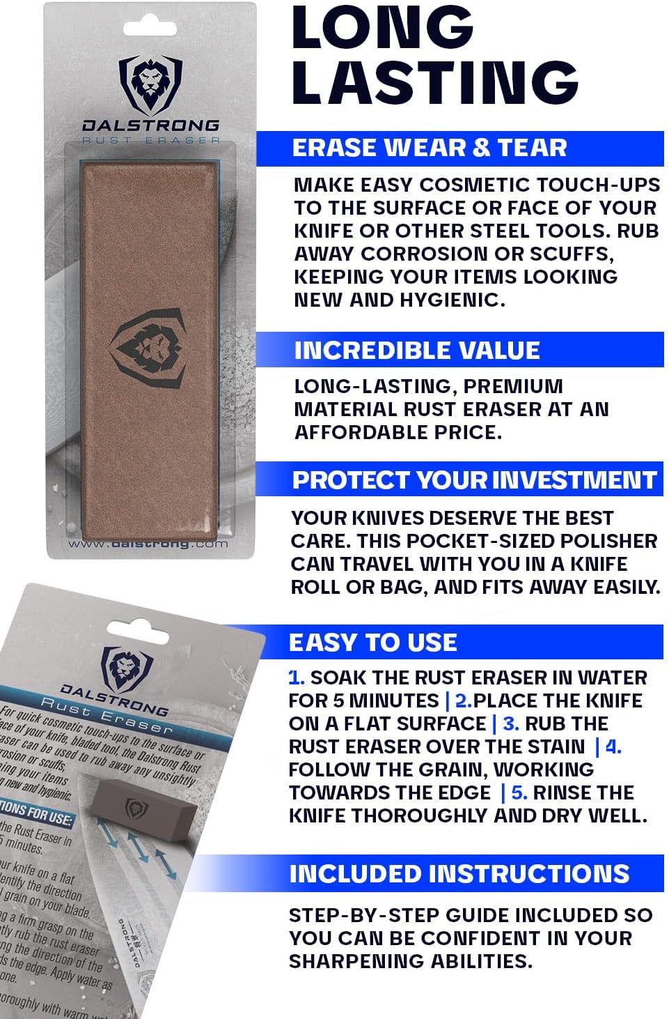 Dalstrong Premium Rust Remover & Eraser - Knife Maintenance and Care - For Knives, Scissors, Stainless Steel Pots and Pans, Whetstones - Sharp Polish for Tools - Calcium Carbonate