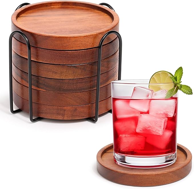 Mckanti Wooden Coasters Set of 6 with Holder, Acacia Wood Drink Coasters for Farmhouse, Patio, Bar Decoration