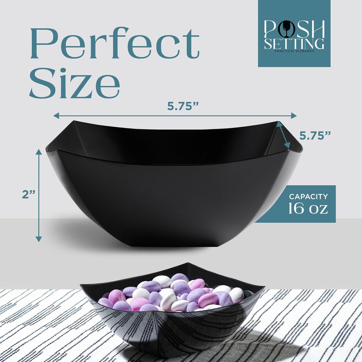Posh Setting - Black Plastic Serving Bowls (16oz - 4 Pack) Square, Disposable, Salad & Fruit Bowls for Party Table, Candy Containers for Candy Buffet