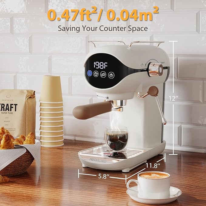 Espresso Machine with Steam Milk Frother Semi Automatic 20 Bar Compact White with Touch Screen for home Cafetera Espresso, Latte, Cappuccino, Americano, Macchiato