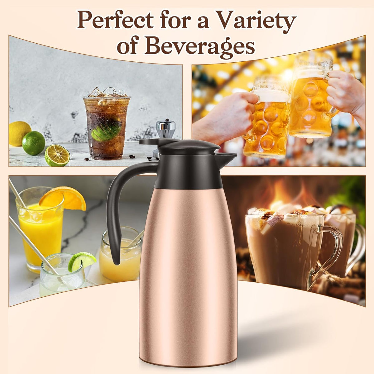 2 PCS 68 OZ Thermal Coffee Carafe, Insulated Stainless Steel Coffee Carafe Double Walled Vacuum Thermal Pot Flask with Brushes Thermos for Keeping Hot Coffee Tea Home and Office (Gold)