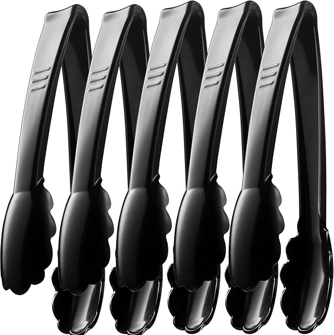 Plastic Tongs for Serving (Pack of 6) 9 Inch - Heavy-Duty Hard Plastic Reusable or Disposable Serving Tongs for Catering, Dinner Parties, Banquets, Buffets, Events, Weddings and Everyday Use, Black