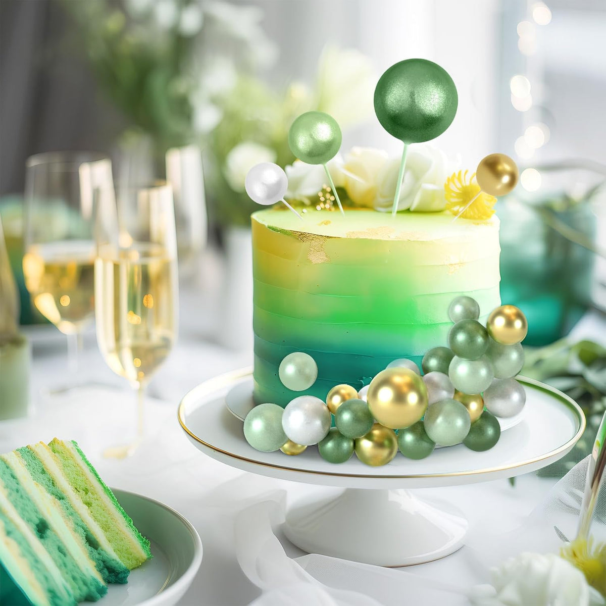 48 Pcs Balls Cake Topper Decorations Balloon Cupcake Toppers Foam Cake Topper Balls Cake Balls Decorations for Birthday Party Cake Decorating (Green, White, Gold)
