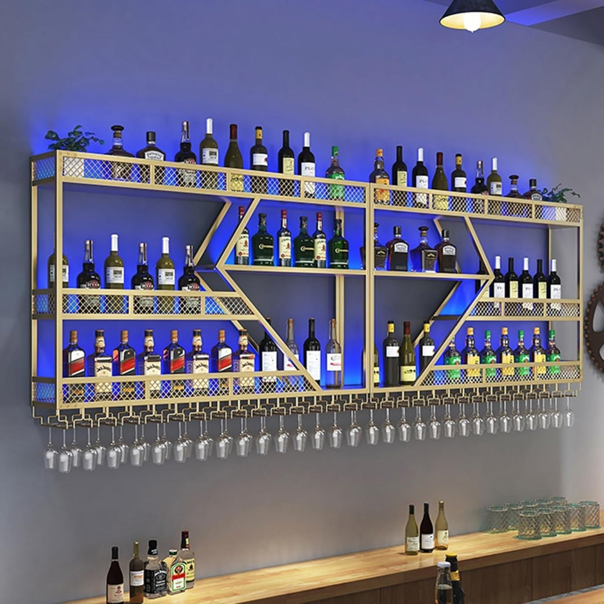 Metal Wine Rack Wall Mounted, Modern Wine Storage Rack Wall Mounted with Wine Glass Holder, Liquor Shelf, Bar Shelves for Liquor Bottles (3TIERS Gold, 78.7 * 7.87 * 33.85INCH)