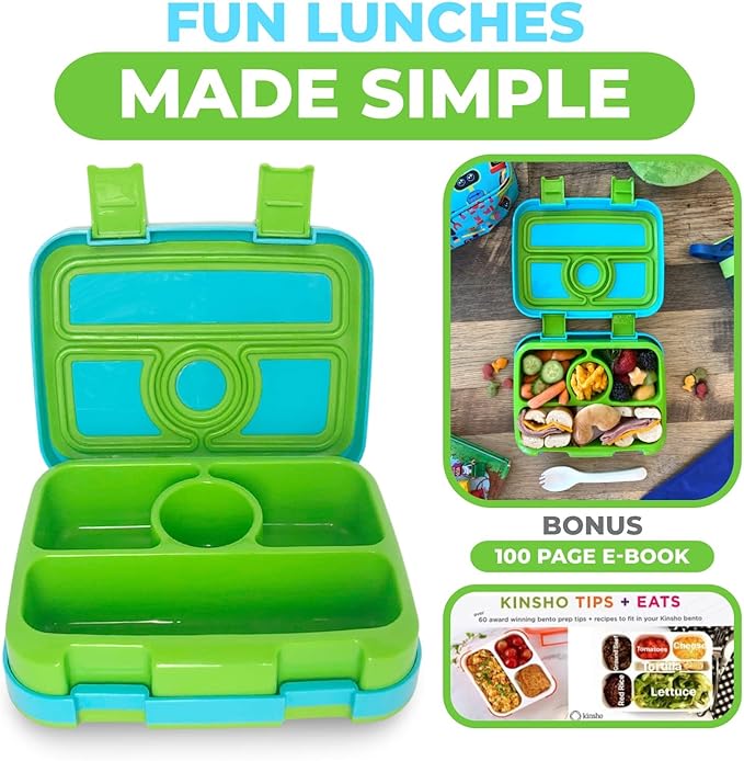 kinsho Bento Lunch Box for Kids Toddlers Boys, 4 Portion Sections Secure, BPA Free Removable Tray, Pre-School Kid Daycare Lunches Snack Container, Green Robot Ages 3 to 5