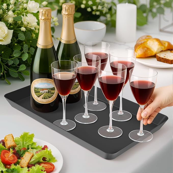WOWBOX 6 pcs Serving Tray for Entertaining, Serving Platters for Snacks, Fruit, Cookies, Dessert, Reusable Plastic Trays for Serving Food and Pantry Organization in Kitchen & for Parties, (Black)