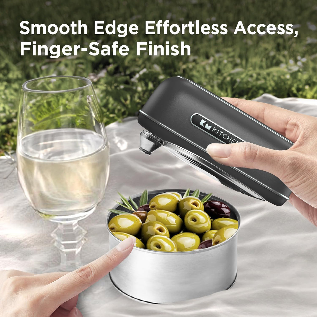 Kitchen Mama Orbit One Rechargeable Electric Can Opener: Hands-free, USB-C Charging, Automatic Stop, Smooth Edge, Safety, Blade for Large Cans, Heavy Duty, Soda and Pop Can, with Storage Box (Black)