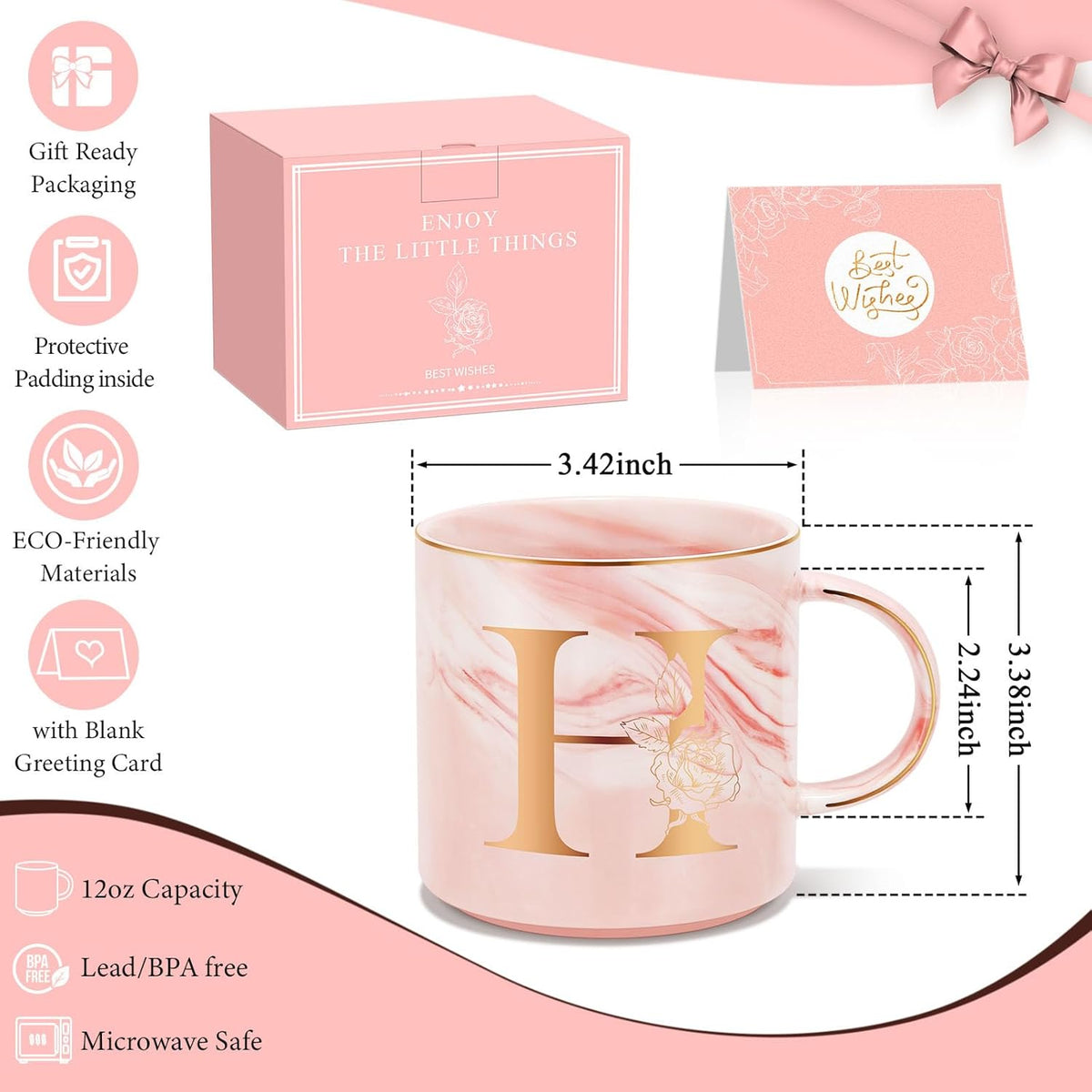 Personalized Gifts for Women Coffee Mug, Initial Customized Gift Monogrammed A-Z Coffee Mug 12 OZ, Christmas Anniversary Birthday Gifts for Women Mom Grandma Friend Sister Wife(H)