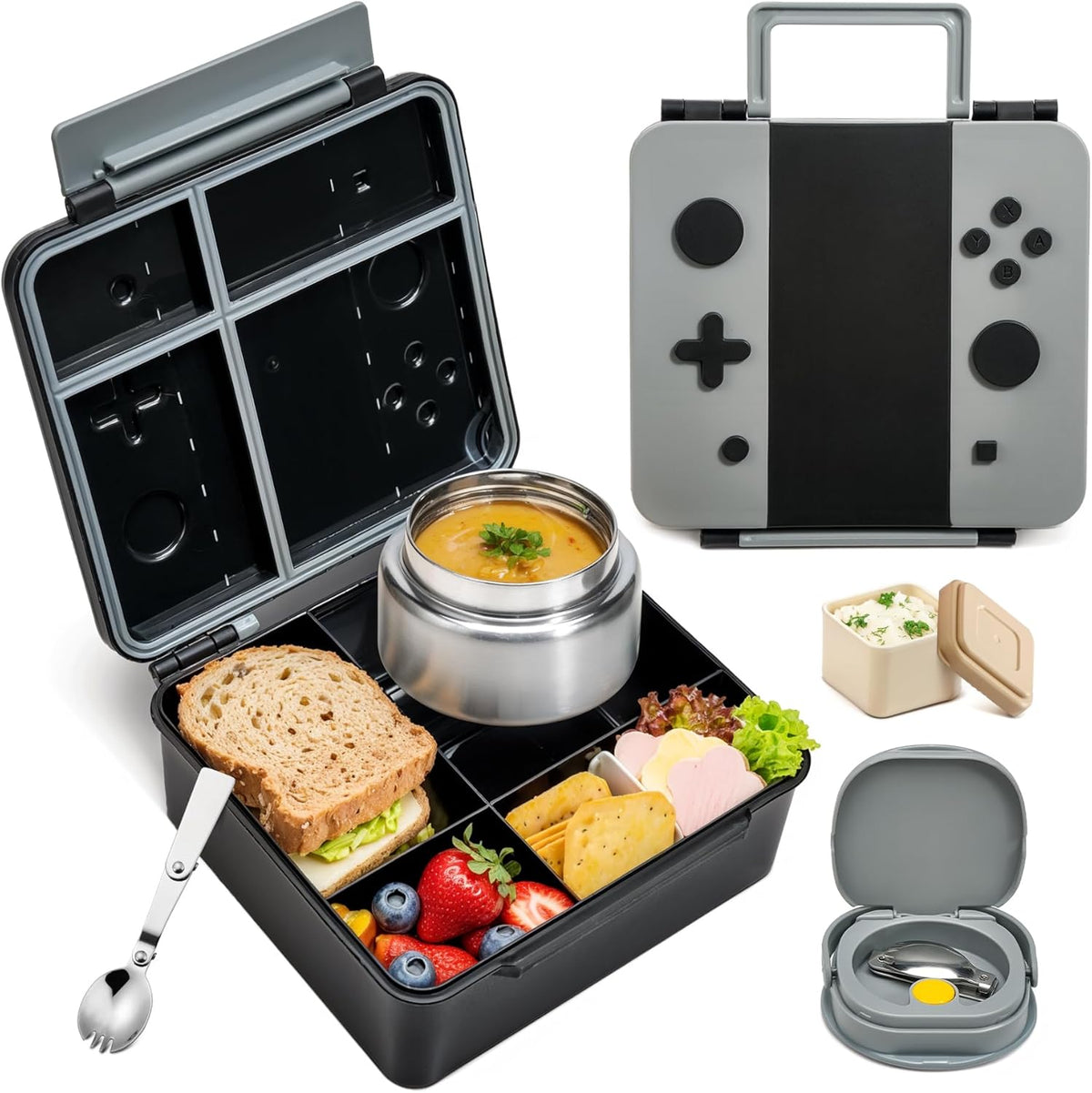 Game Bento Box for Kids, Lunch Box with Thermo(9oz Food Jar), Folding Spoon, Removable Divider & Sauce Cup, Lunch Box Kids for School,Travel, BPA-Free & Realistic Shape(Grey)