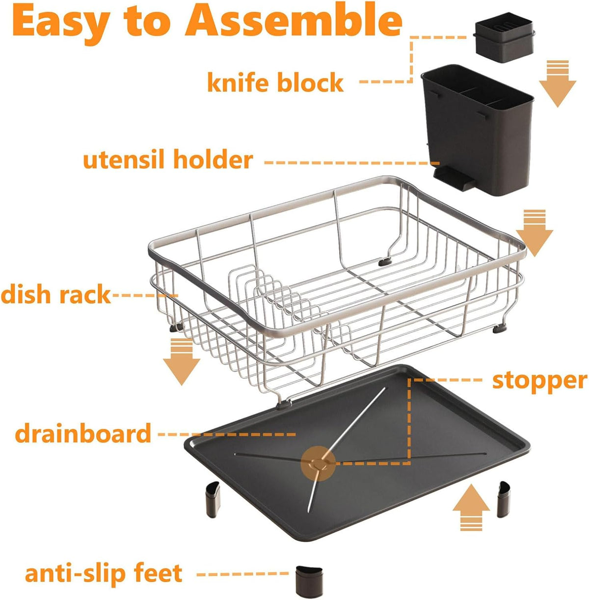 Stainless Steel Dish Drying Rack with Drainboard Dish Drainers for Kitchen Counter Extendable Spout Strainers with Utensil Holder and Knife Slots, Black