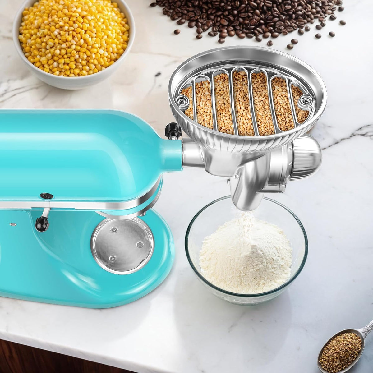 Grain Mill Attachment for Kitchenaid Stand Mixer, Kitchen Aid Accessories and Attachments Flour Mill, Mixer Attachment Wheat Grinder Fit for Grinding Wheat, Corn, Oats, Buckwheat and Other Cereals