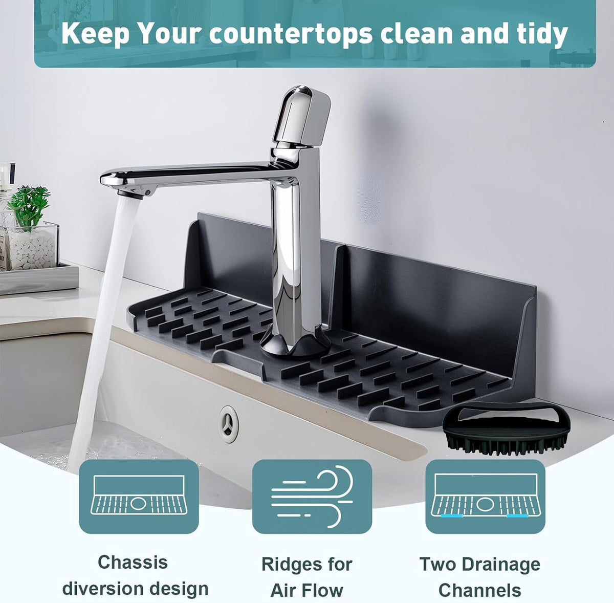 Kitchen Sink Splash Guard，Sink Draining Pad Behind Faucet，Faucet Mat for Kitchen Sink，Comes with a Silicone Brush for Cleaning Drying Mat for Countertop Protect