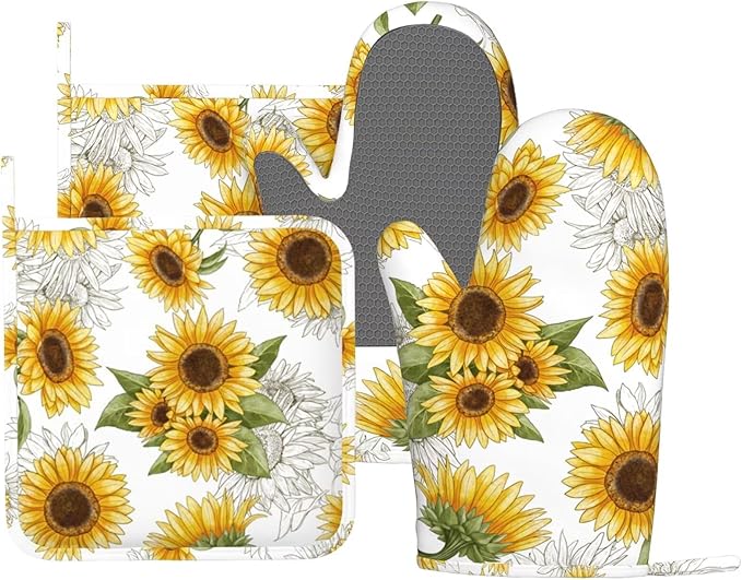 Yellow Sunflower Oven Mitts Pot Holders Set Silicone Heat Resistant Sunflowers Oven Mitts and Hot Pads Yellow Flowers Potholders Non-Slip Oven Gloves for Cooking Baking Grilling BBQ