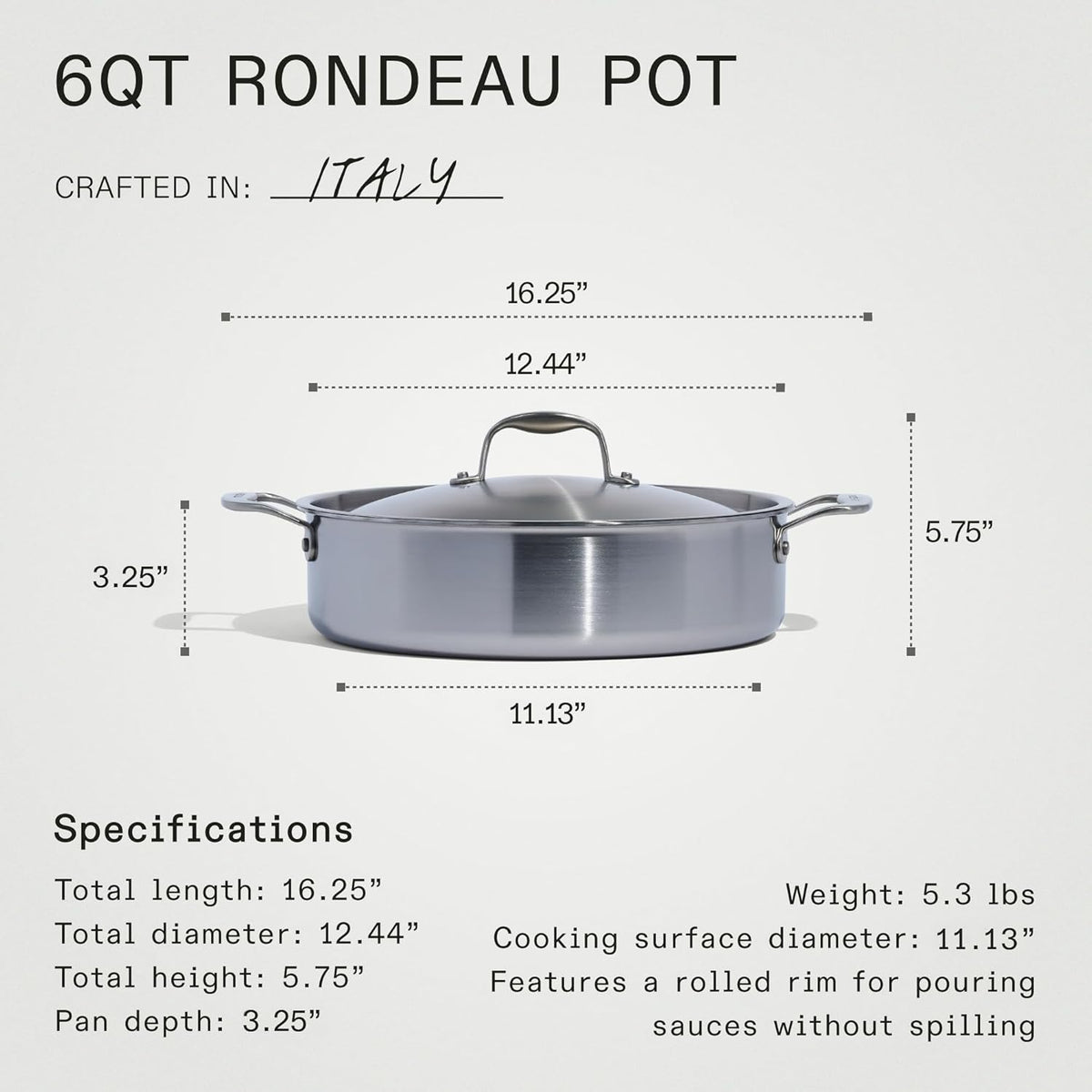 Made In Cookware - 6 Quart Stainless Steel Rondeau Pot w/Lid - 5 Ply Stainless Clad - Professional Cookware - Crafted in Italy - Induction Compatible