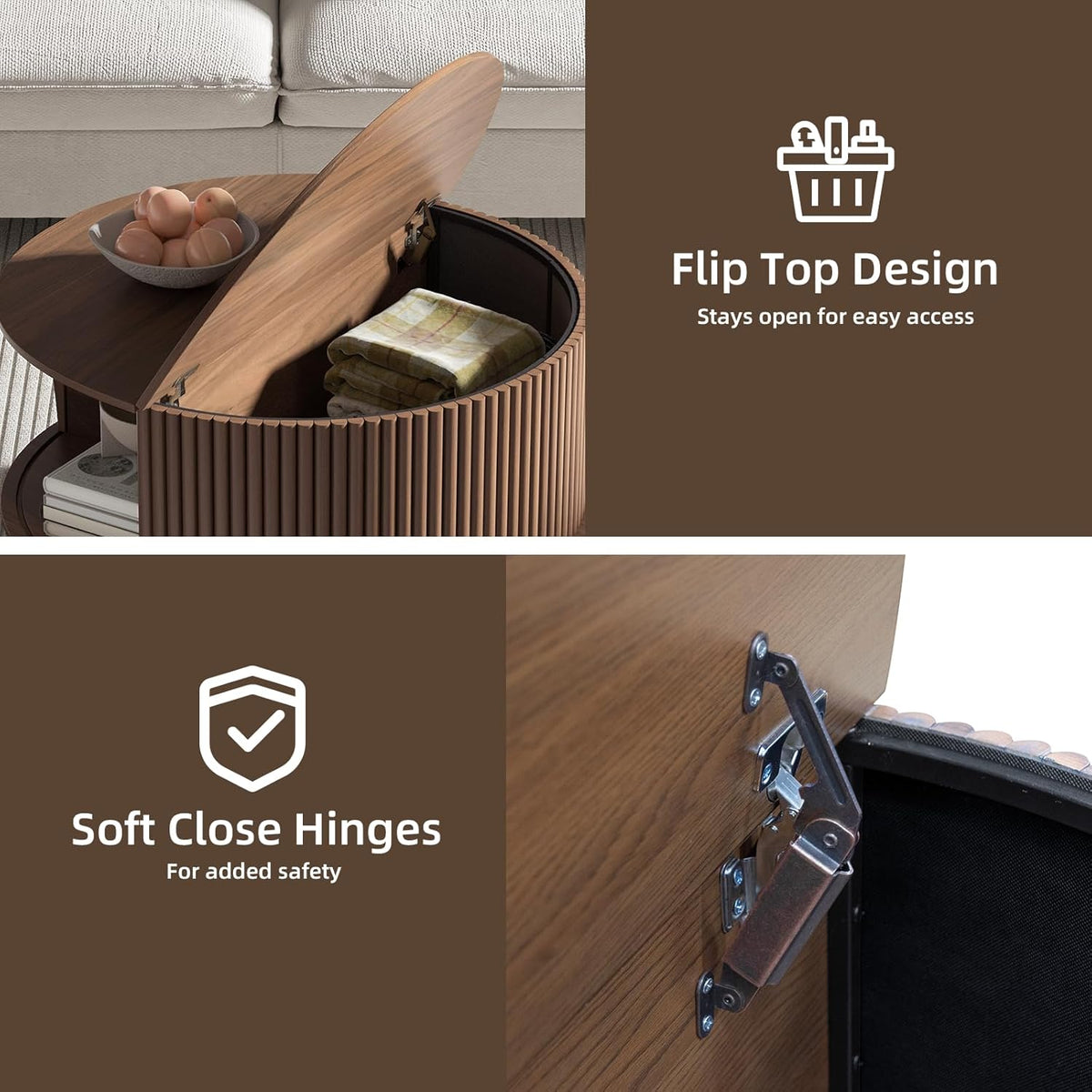 Round Coffee Table with Storage,31.5" Mid Century Modern Coffee Table with Hidden Compartment,Fluted Center Table for Living Room,Home Small Space,Walnut