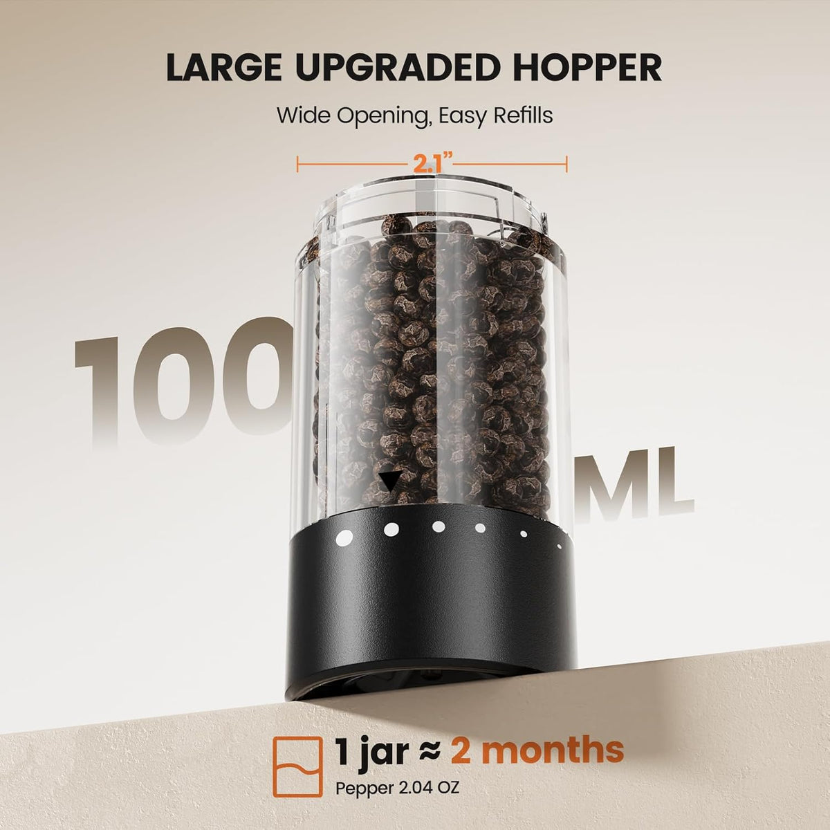 Electric Salt and Pepper Grinder Set - Rechargeable Automatic Salt and Pepper Shakers, Kitchen Appliances with External Adjustable Coarseness, Larger Hopper for Cooking, Home Gifts(2 Pack,Black/Black)