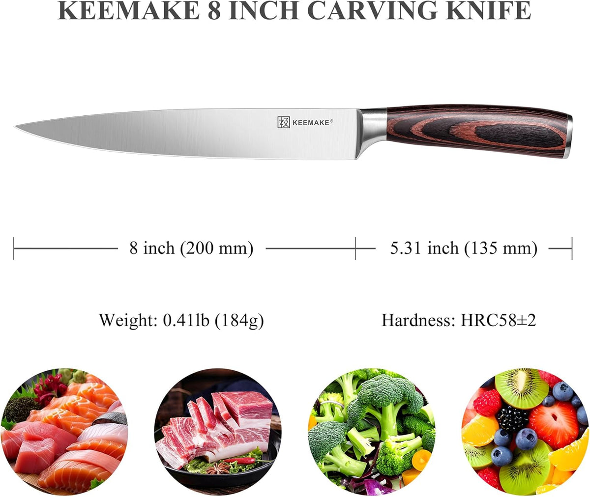 KEEMAKE Carving Knife for Meat - Razor Sharp 8 Inch Slicing Knife with High Carbon Stainless Steel Blade, Brisket Knives Meat Cutting Knives with Ergonomic Pakkawood Handle and Gift Box