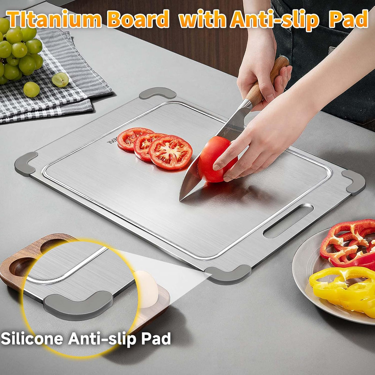 100% Pure Titanium Cutting Board with Grooves, Update Double Side Titanium Chopping Board, Silicone Anti-slip Stainless Cutting Boards for Kitchen 10 * 14 IN, Grey