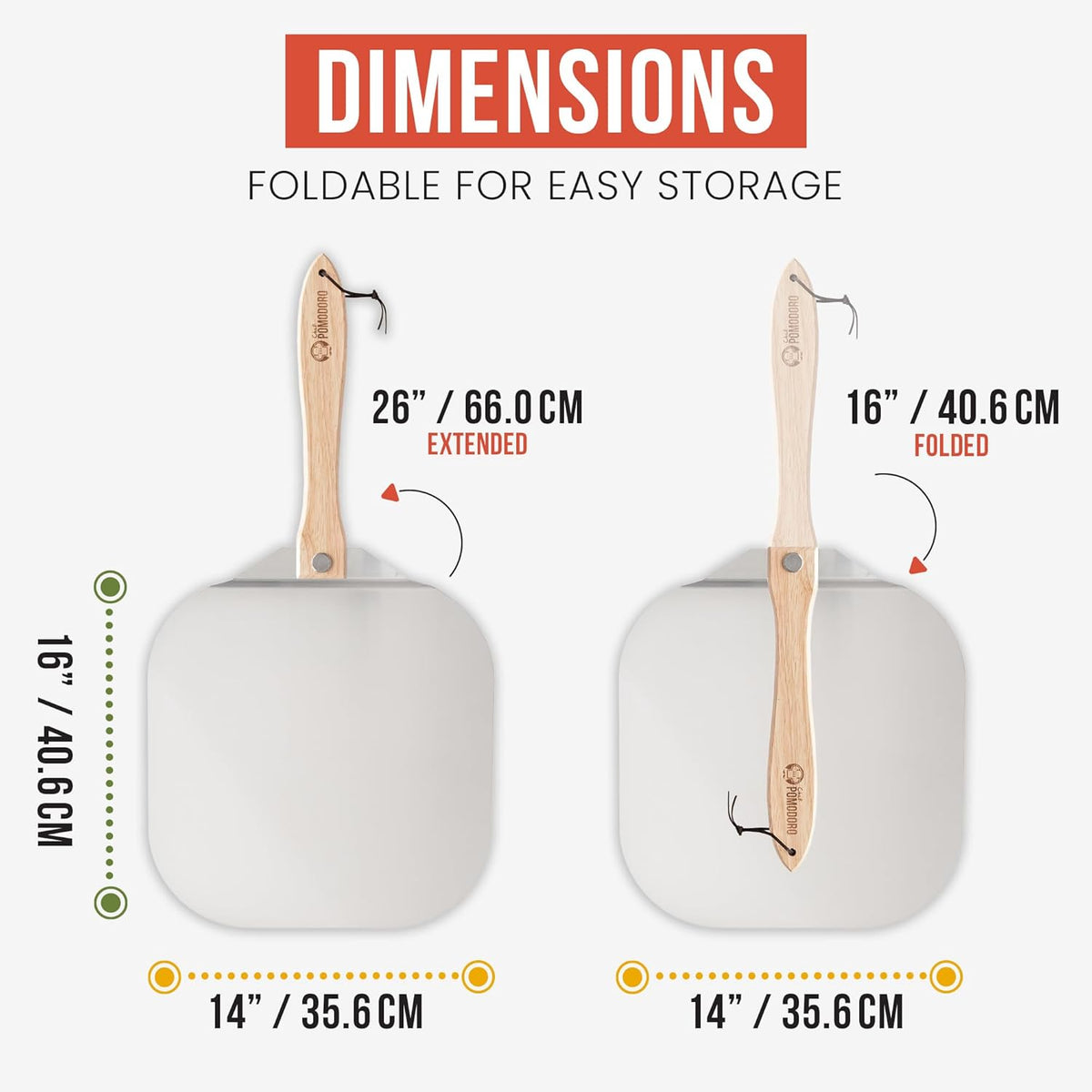 Chef Pomodoro Pizza Peel 16 inch, Pizza Spatula with Foldabe Wood Handle for Easy Storage, Pizza Accessory for Homemade Pizza