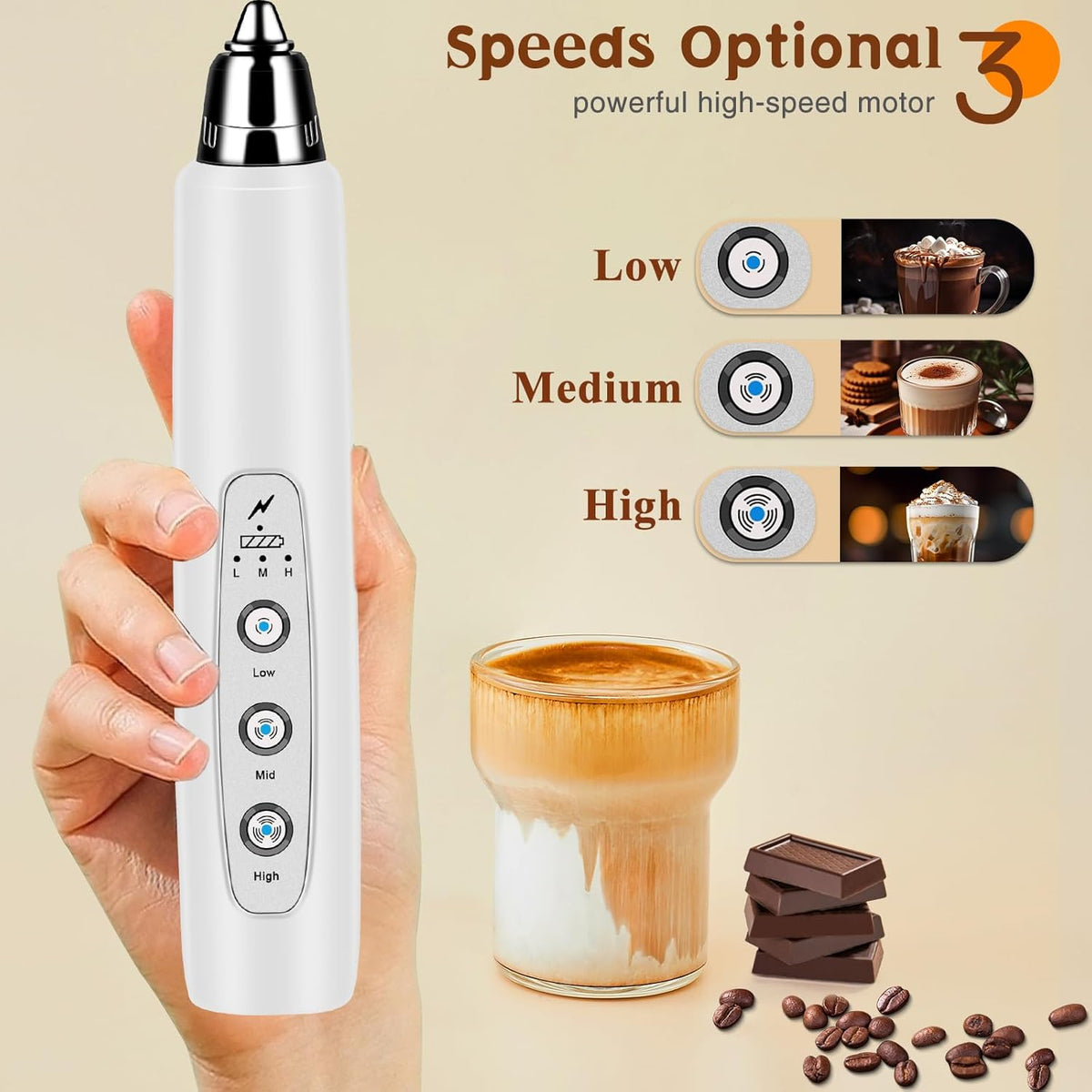 Milk Frother Handheld Rechargeable, Frother Wand Drink Mixer Electric Whisk for Coffee, Detachable With 3 Stainless Whisks, Hand Mixer for Lattes, Cappuccino, Matcha, Egg, No Stand, White