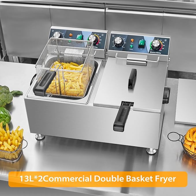 WaterElfo Deep Fryer Commercial Deep Fryers With Basket13Lx2 13.7Qt x 2 Thicken With Precise Temperature Control Timer Double Deep Fryer With 2 Baskets1800Wattsx2 120V Countertop Fryer Restaurant