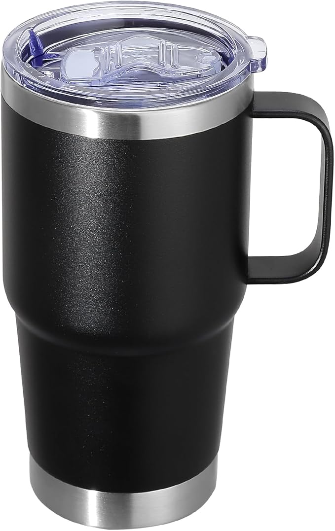 20 oz Stainless Steel Tumbler with Handle Bulk Metal Insulated Tumblers Travel Coffee Mug with Handle Double Wall Tumbler Cup with Lid and Straw, Black 12 Pack