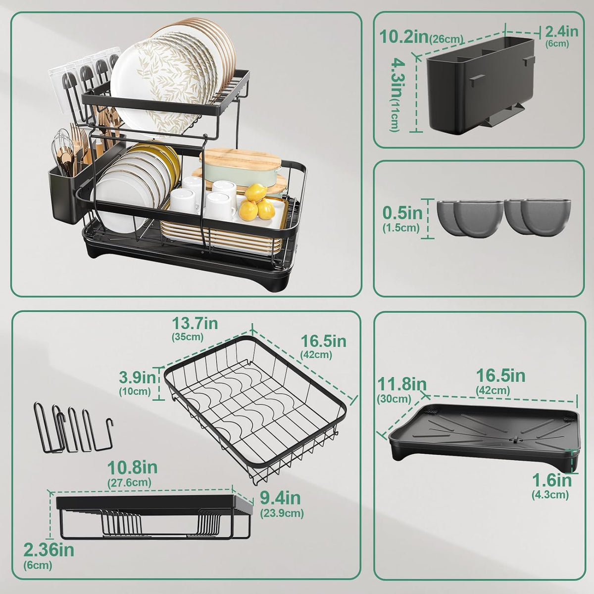 Dish Drying Rack, 2-Tier Large Dish Drying Rack for Kitchen Counter – Space Saving Dish Drainer Organizer with Utensil Holder and Cutlery Tray, Black